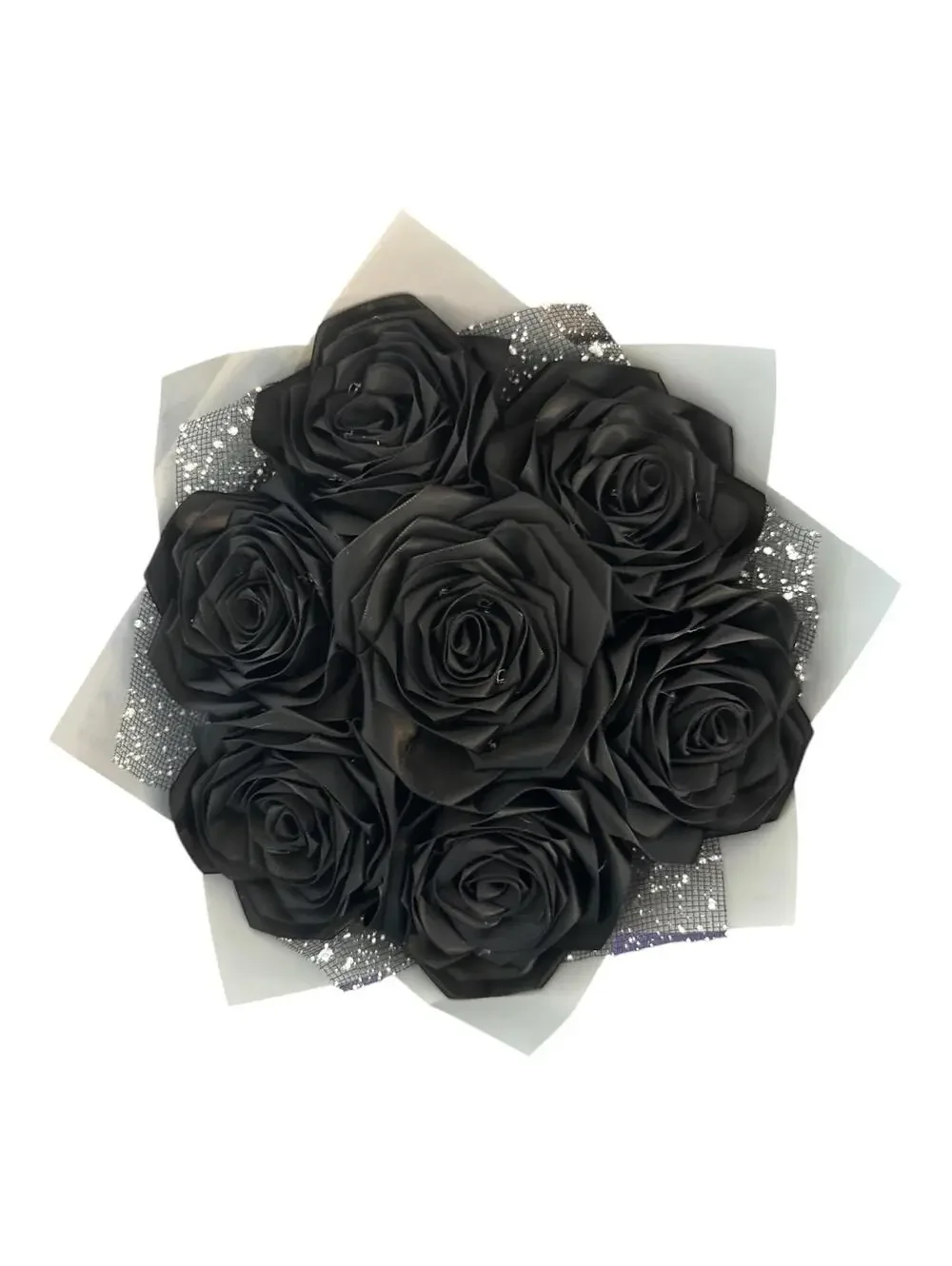 Handmade Black Satin Rose Bouquet With Satin Ribbon Wrap